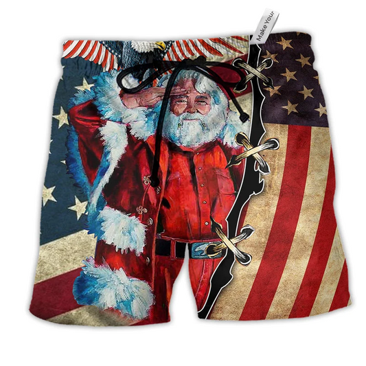 Beach Short / Adults / S Christmas Patriot Santa Clause - Beach Short Reefox - Owls Matrix LTD