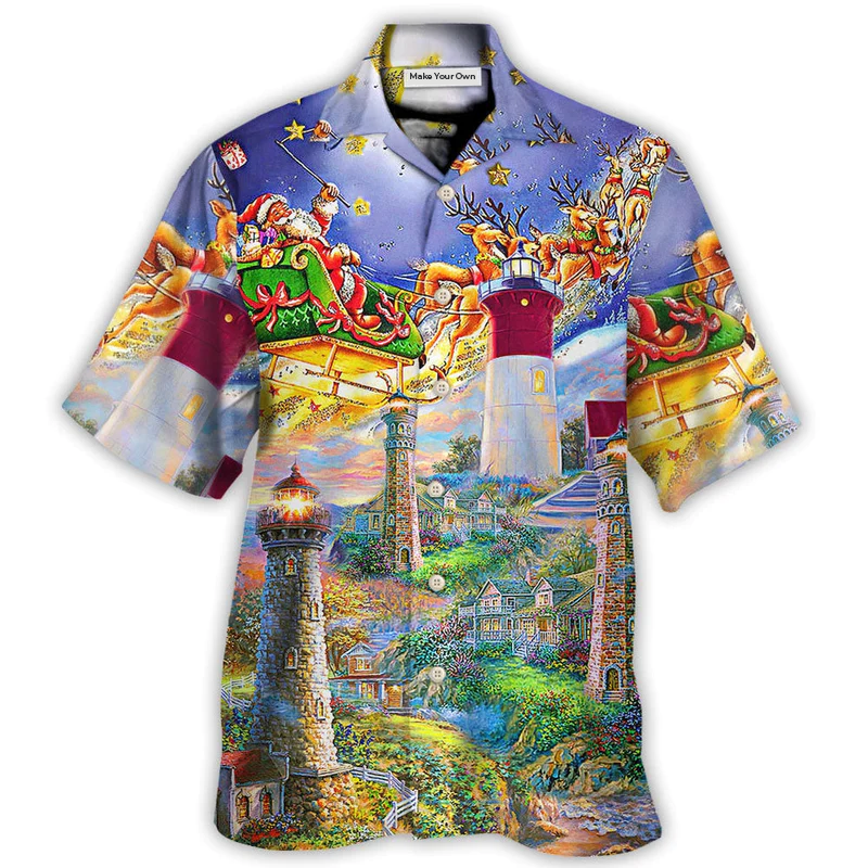 Hawaiian Shirt / Adults / S Lighthouse Christmas Santa Home The Light Is - Hawaiian Shirt - Reefox