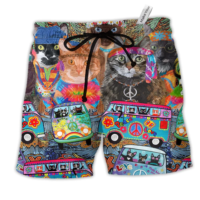 Beach Short / Adults / S Hippie Cats Peace Life Color Fun And Cute - Beach Short Reefox - Owls Matrix LTD