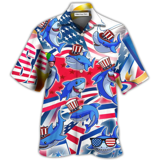Hawaiian Shirt / Adults / S Shark Funny USA Flag Independence Day - Hawaiian Shirt - Reefox