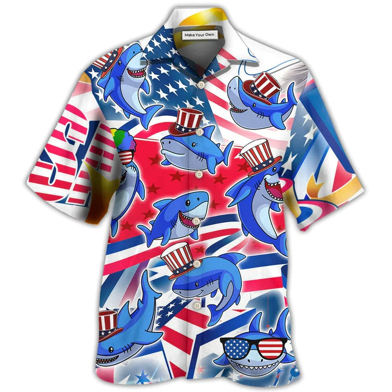 Hawaiian Shirt / Adults / S Shark Funny USA Flag Independence Day - Hawaiian Shirt - Reefox