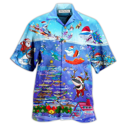 Hawaiian Shirt / Adults / S Shark Christmas Santa Shark Sits On Rockets And Brings Gifts To Ocean - Hawaiian Shirt - Reefox