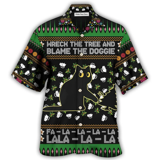 Hawaiian Shirt / Adults / S Black Cat Wreck The Tree And Blame The Doggie Merry Christmas - Hawaiian Shirt - Reefox