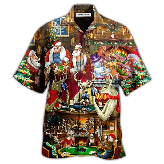 Hawaiian Shirt / Adults / S Poker Gambling Santa And Friends Play Poker Style - Hawaiian Shirt - Reefox