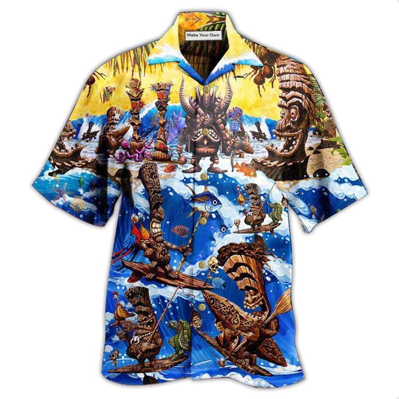 Hawaiian Shirt / Adults / S Tiki Happy Surfing Day With Tiki Bar - Hawaiian Shirt - Reefox