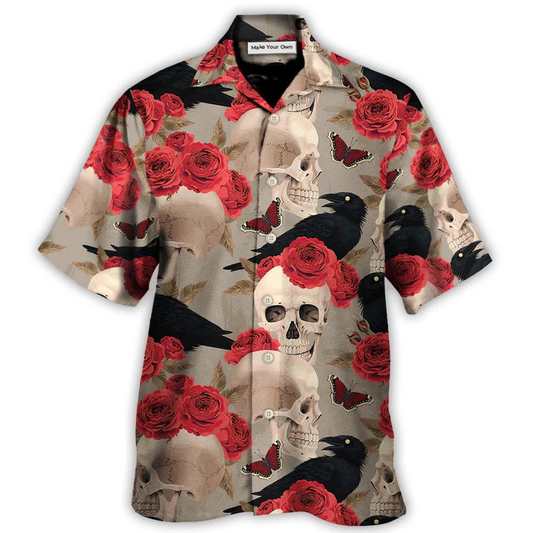 Hawaiian Shirt / Adults / S Skull With Rose Flower And Raven Gothic Style - Hawaiian Shirt - Reefox
