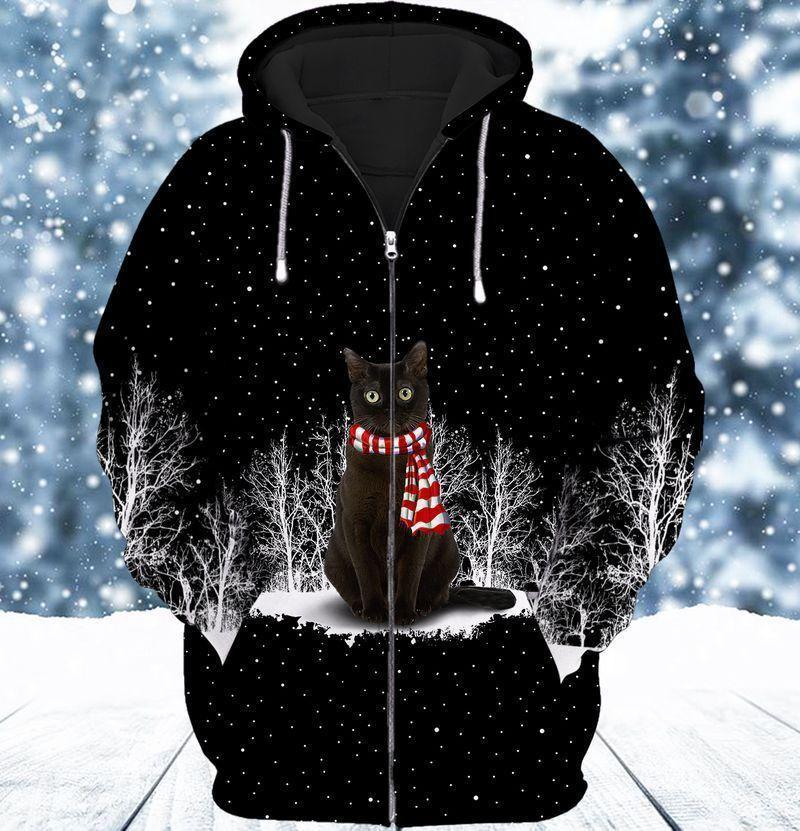 Black Cat Snow Night Art – 3D Hoodie