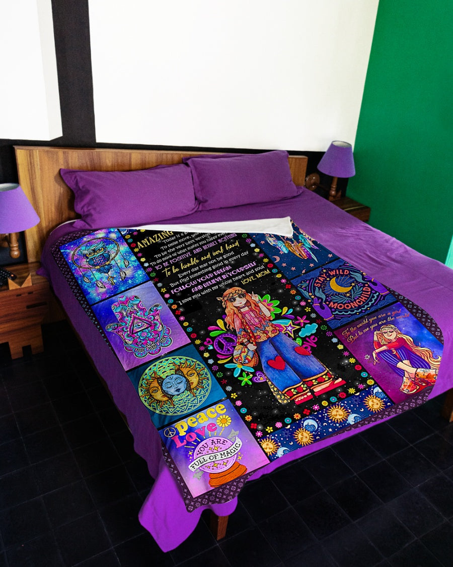 Hippie Girl Follow Your Dream Daughter Gift Flannel Blanket For Bed Sofa And Reading Nook Decor