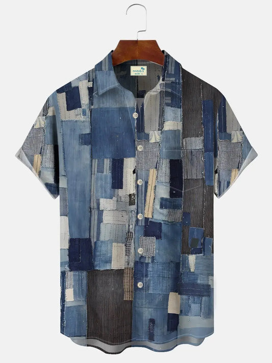 Hawaiian Shirt / Adults / S Retro Ethnic Fabric Texture Denim Men's Buttons Buttons Casual Hawaiian Shirt