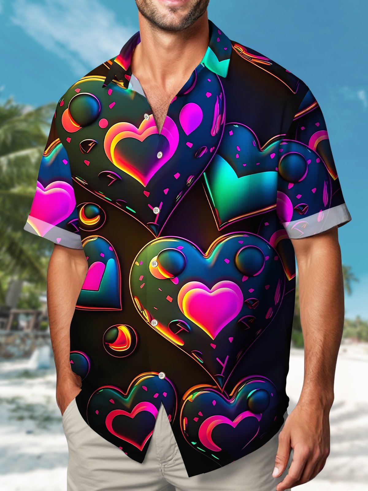 Retro Holiday Men's Valentine's Day 3D Heart Abstract Gradient Hawaiian Shirt