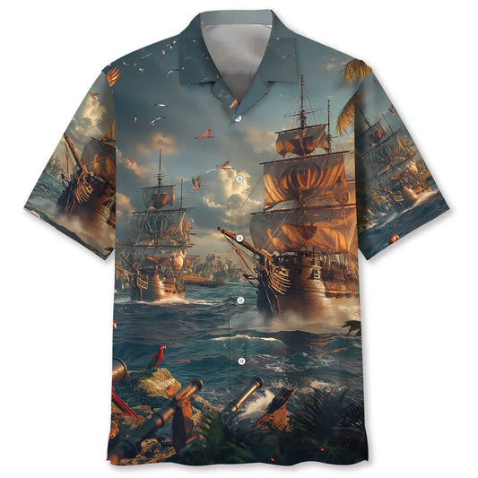 Hawaiian Shirt / Adults / S Sailboat Pirate Vintage Hawaiian Shirt