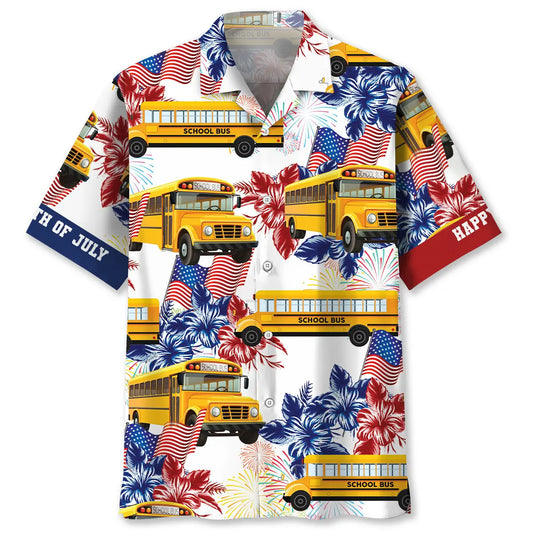 Hawaiian Shirt / Adults / S School Bus Happy 4th Of July Hawaiian Shirt