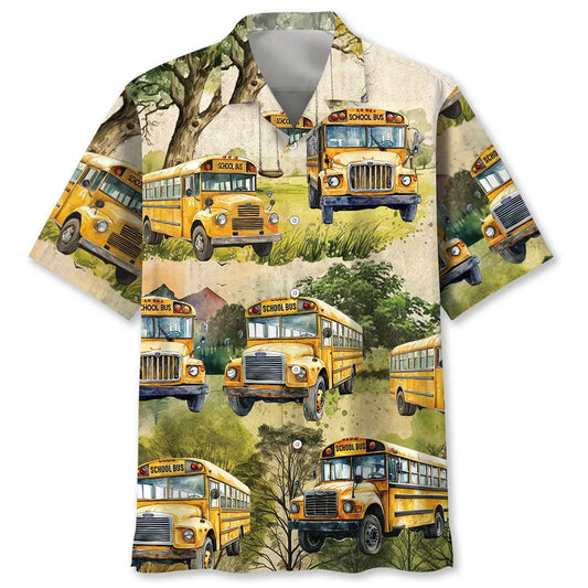Hawaiian Shirt / Adults / S School Bus Vintage Water Color Hawaiian Shirt