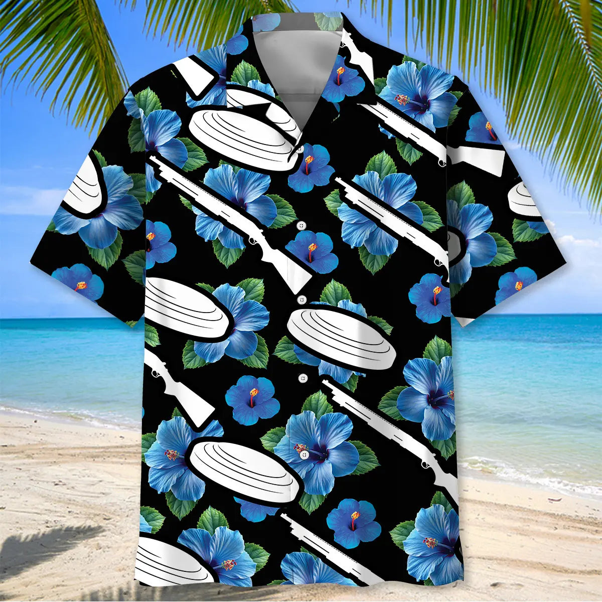 Skeet Shooting Hibiscus Blue Hawaiian Shirt