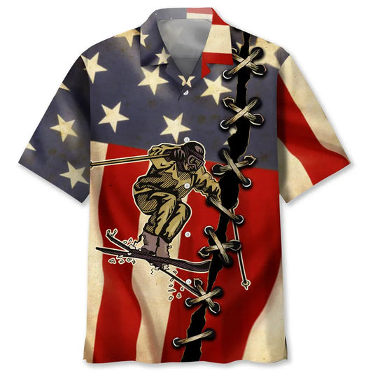 Hawaiian Shirt / Adults / S Skiing America Flag Hawaiian Shirt