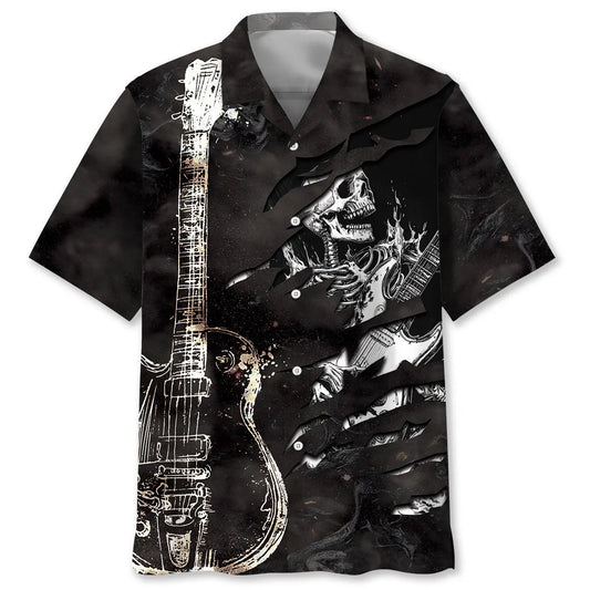 Hawaiian Shirt / Adults / S Skull Guitar Black And White Hawaiian Shirt