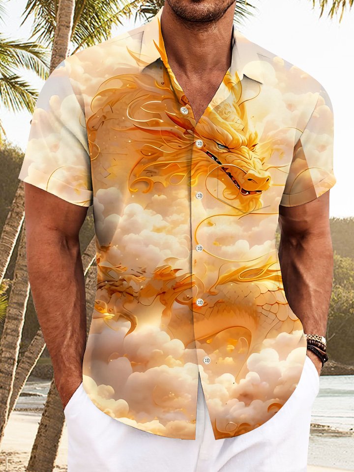 Sky Clouds Dragon Men's Buttons Casual Hawaiian Shirt