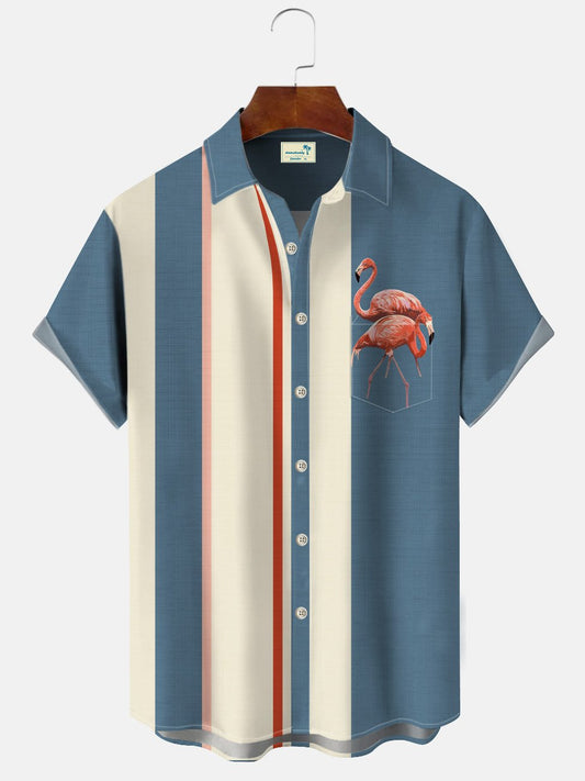 Hawaiian Shirt / Adults / S Summer Flamingo Stripe Men's 50S Bowling Commuter Casual Hawaiian Shirt