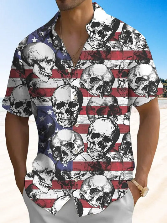 Hawaiian Shirt / Adults / S Summer Independence Day Holiday Skull Retro Casual Vacation Hawaiian Shirt