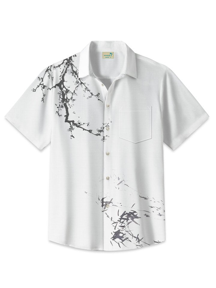 Summer Plants Bamboo Peach Blossom Landscape Painting Buttons Leisure Vacation Men's 50s Vintage Bowling Hawaiian Shirt Short Sleeve