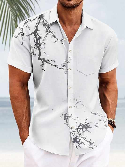 Hawaiian Shirt / Adults / S Summer Plants Bamboo Peach Blossom Landscape Painting Buttons Leisure Vacation Men's 50s Vintage Bowling Hawaiian Shirt Short Sleeve