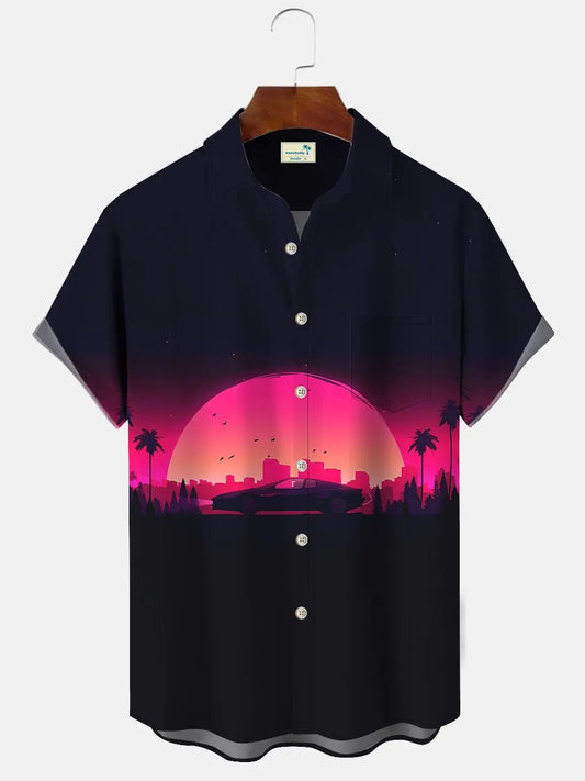 Hawaiian Shirt / Adults / S Sunset Coconut Tree Car Men Button Button Casual Hawaiian Shirt