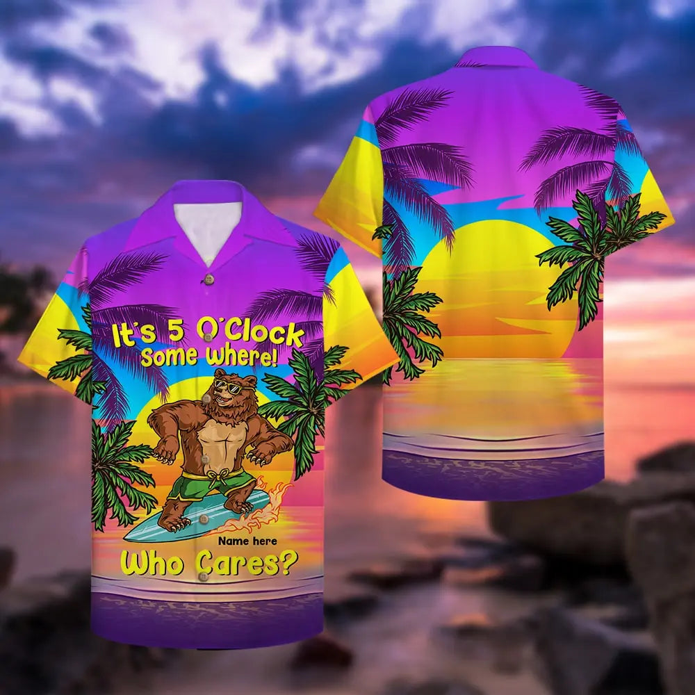 Surfing Bear It's 5 O'clock Some Where Who Cares Unisex Hawaiian Shirt Aloha Shirt
