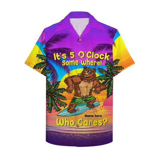 Hawaiian Shirt / Adults / S Surfing Bear It's 5 O'clock Some Where Who Cares Unisex Hawaiian Shirt Aloha Shirt