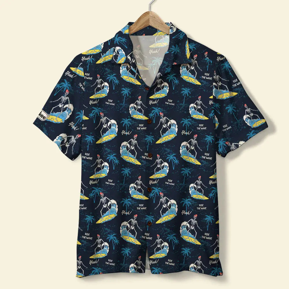 Hawaiian Shirt / Adults / S Surfing Unisex Hawaiian Shirt Aloha Shirt Summer Vibe Surfing Skeleton &amp; Palm Trees Pattern