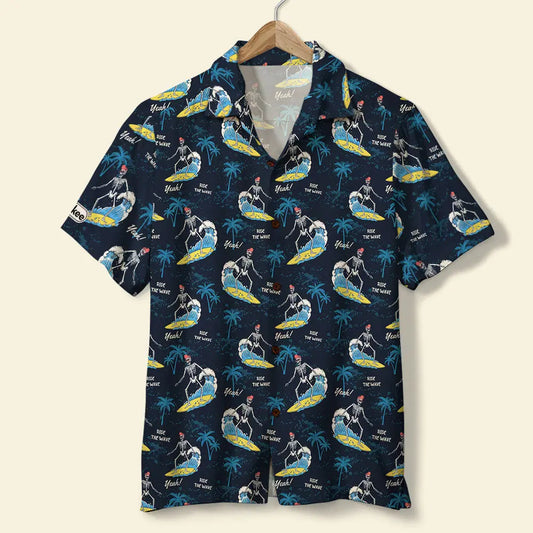Hawaiian Shirt / Adults / S Surfing Unisex Hawaiian Shirt Aloha Shirt Summer Vibe Surfing Skeleton &amp; Palm Trees Pattern