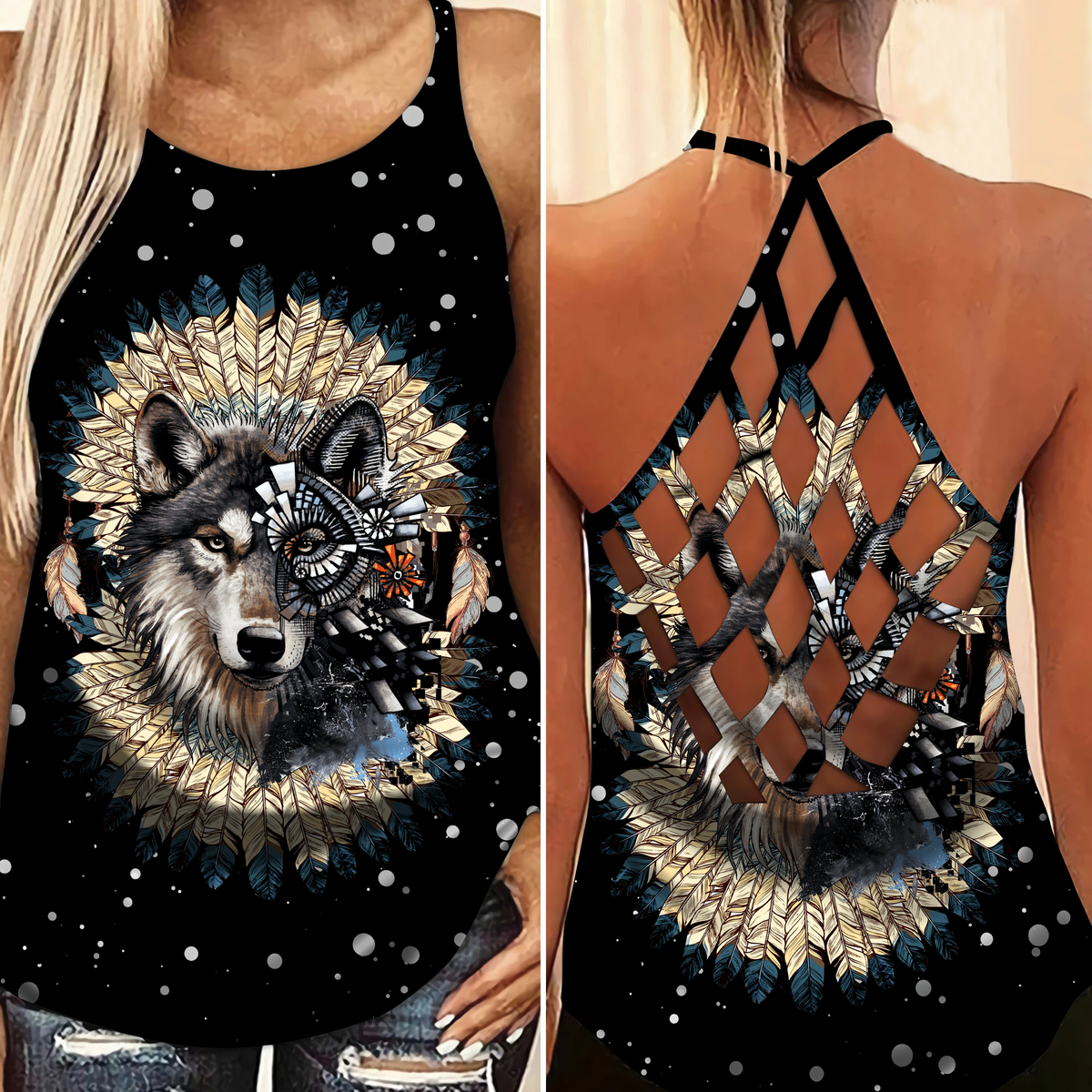 Native Wolf Dreamer Black Style – Hollow Tank Top