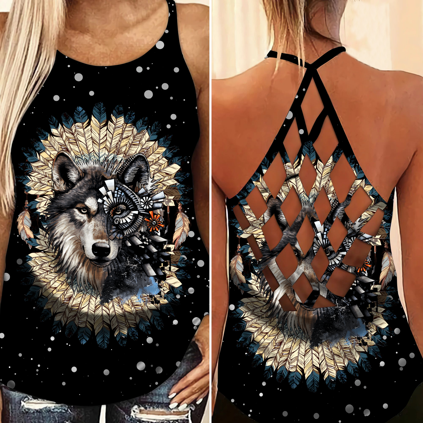 Native Wolf Dreamer Black Style – Hollow Tank Top