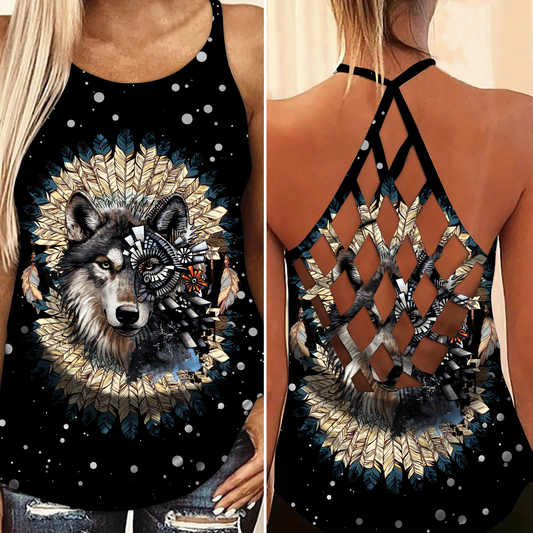 Native Wolf Dreamer Black Style – Hollow Tank Top