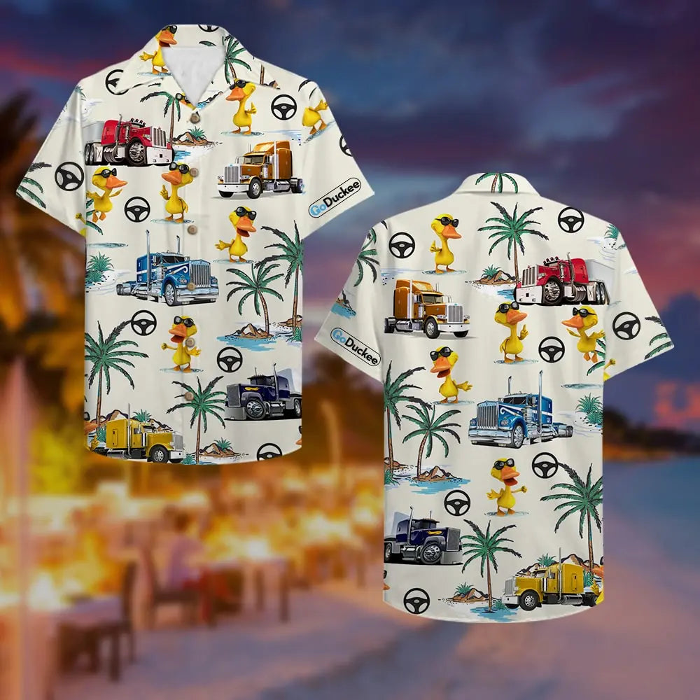 Trucker Duck Unisex Hawaiian Shirt Aloha Shirt Summer Vibe Truck &amp; Duck Pattern