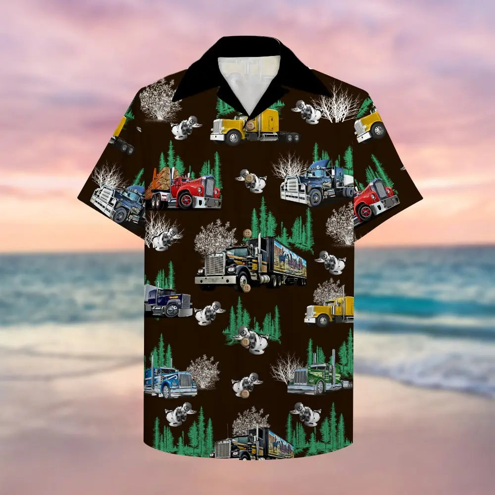 Trucker Unisex Hawaiian Shirt Aloha Shirt With Semitruck For Trucker