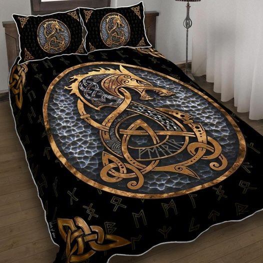 Golden Viking Dragon Bedding Cover For Fantasy Bedroom Decor