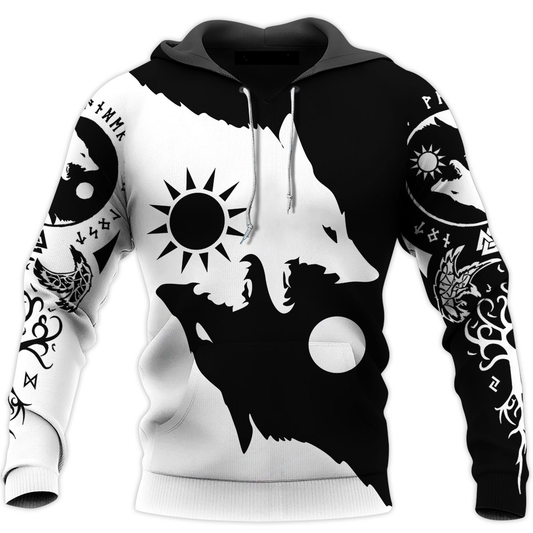 Viking Wolf Moon Black White Art - 3D Hoodie