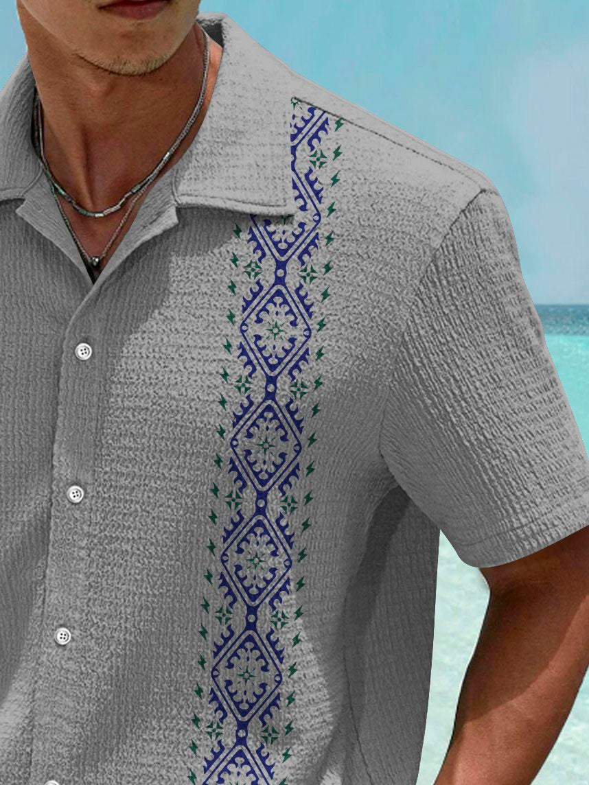 Vintage Bowling Ethnic Pattern Print Men's Seersucker Stretch Hawaiian Shirt