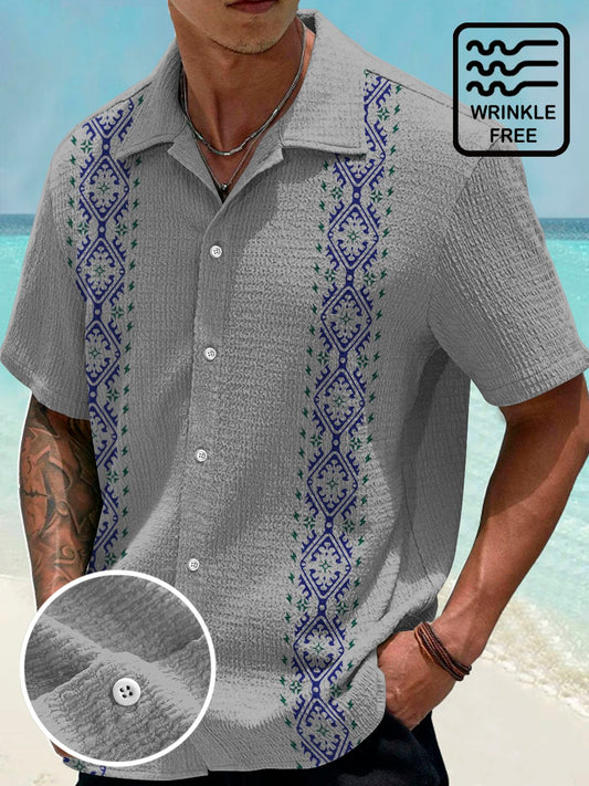 Hawaiian Shirt / Adults / S Vintage Bowling Ethnic Pattern Print Men's Seersucker Stretch Hawaiian Shirt