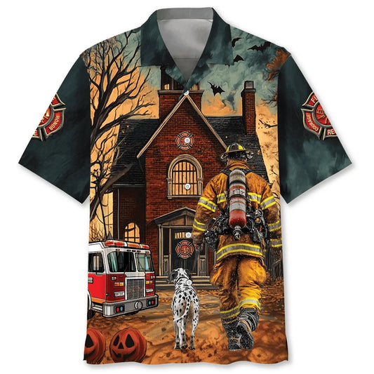 Hawaiian Shirt / Adults / S Vintage Firefighter Halloween Night Art Hawaiian Shirt