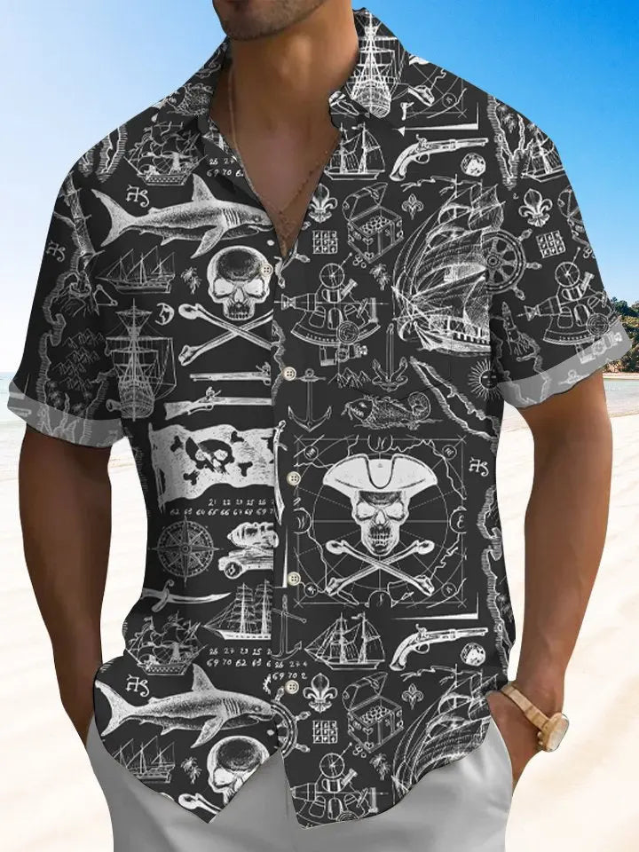 Vintage Hawaii Beach Vacation Pirate Shark Nautical Hawaiian Shirt