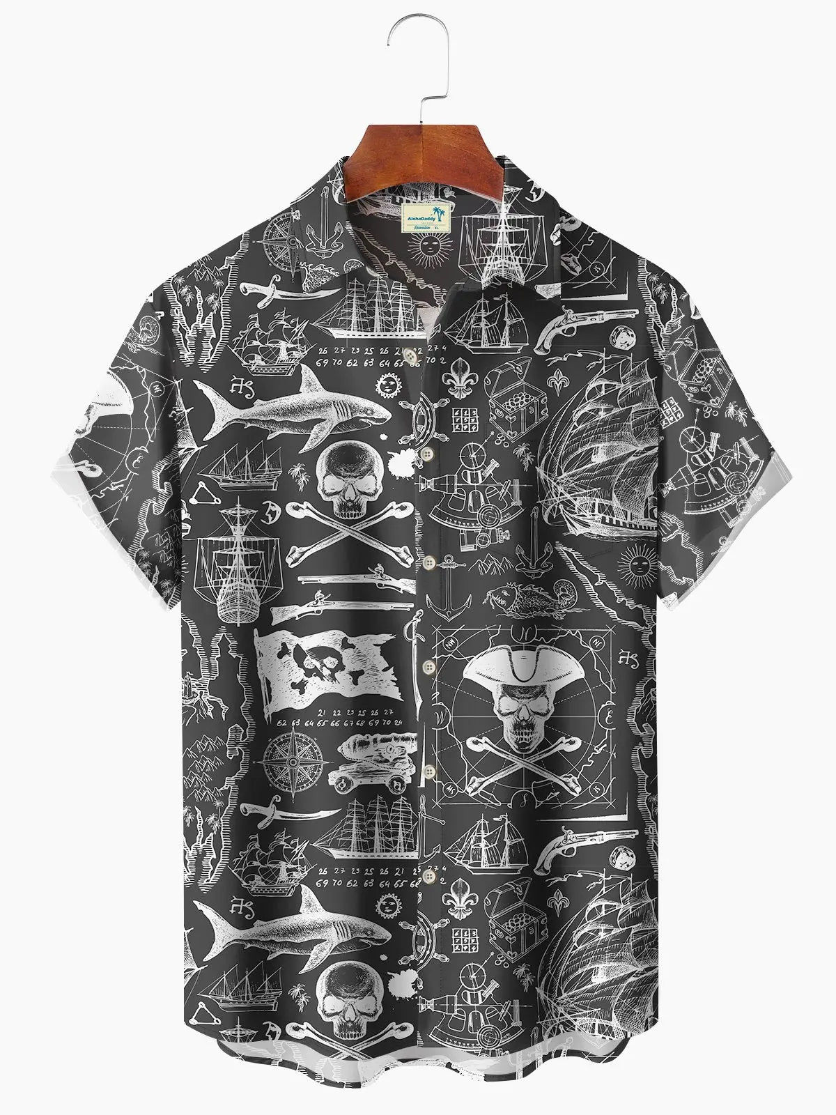 Hawaiian Shirt / Adults / S Vintage Hawaii Beach Vacation Pirate Shark Nautical Hawaiian Shirt