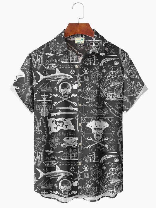 Hawaiian Shirt / Adults / S Vintage Hawaii Beach Vacation Pirate Shark Nautical Hawaiian Shirt