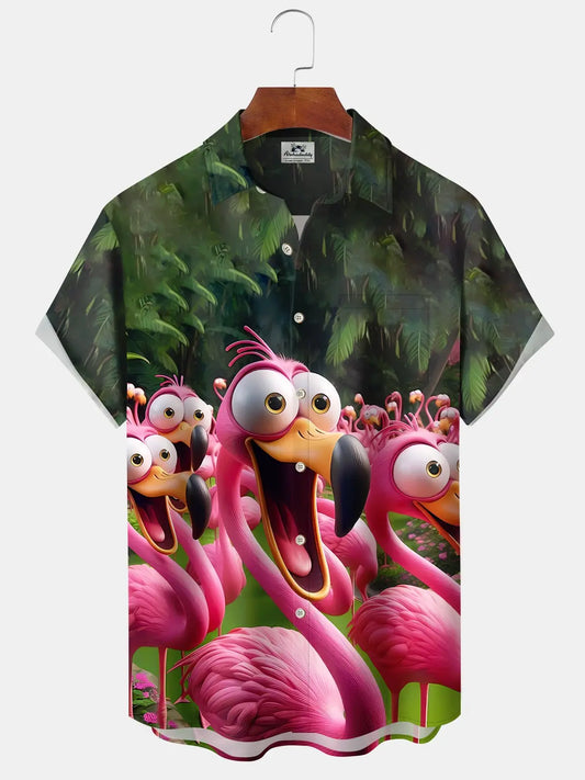 Hawaiian Shirt / Adults / S Vintage Hawaiian Beach Tropical Leaves Flamingo Cartoon Hawaiian Shirt