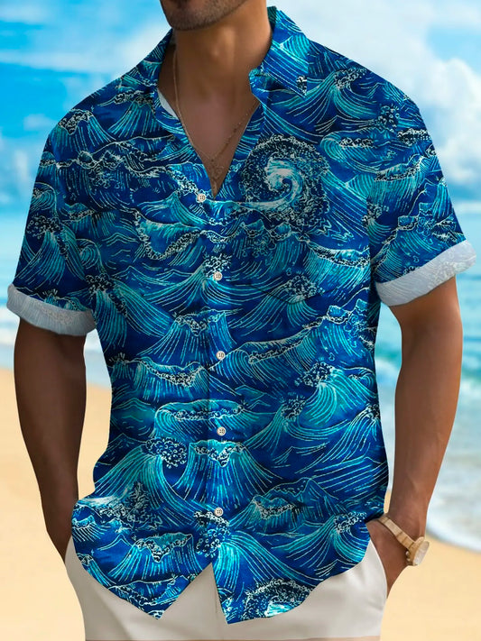 Hawaiian Shirt / Adults / S Vintage Japanese Blue Men's Hawaiian Shirt Stretch Easy Care Camp Shirt Big Tall