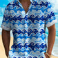 Vintage Japanese Wave Blue Men's Art Shirt Ukiyoe Stretch Quick-drying Button Hawaiian Shirts