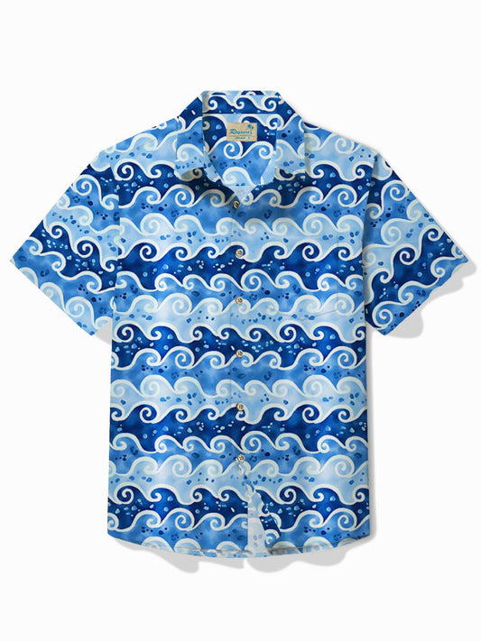 Hawaiian Shirt / Adults / S Vintage Japanese Wave Blue Men's Art Shirt Ukiyoe Stretch Quick-drying Button Hawaiian Shirts