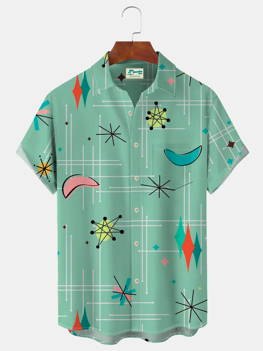 Hawaiian Shirt / Adults / S Vintage Mid-Century Geometric Green Men's Camp Shirt Easy Care Hawaiian Shirts Big Tall