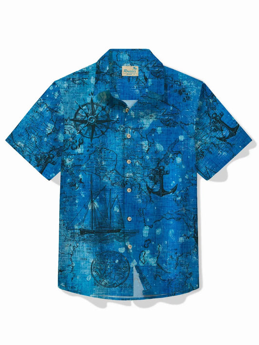 Hawaiian Shirt / Adults / S Vintage Nautical Blue Men's Hawaiian Shirt Map Art Stretch Easy Care Camp Shirt Big Tall