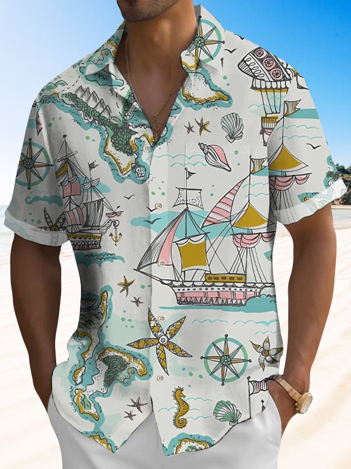 Vintage Nautical Ship Travel Map Hawaiian Shirt